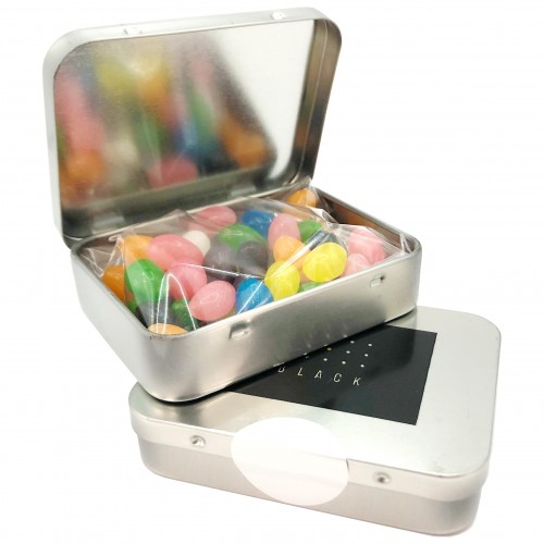 RECTANGLE HINGE TIN FILLLED WITH MINI JELLY BEANS 65G (Mixed Colours or Corporate Colours)